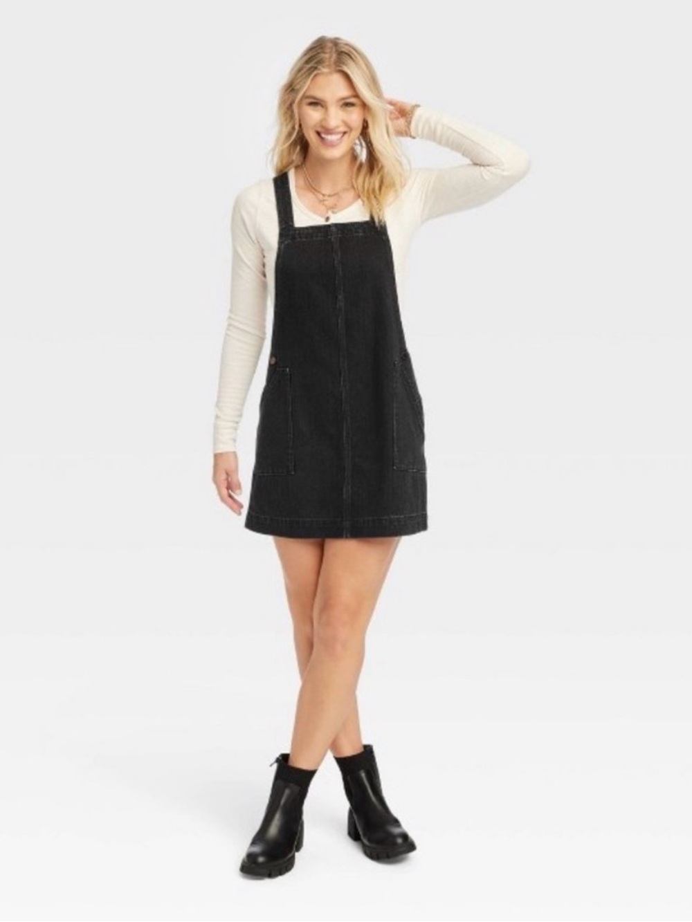 Universal Thread Black Denim Pinafore Dress with Cream Top